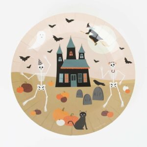 Halloween Party-Teller mit tanzenden Skeletten und Spukschloss, ideal für Kinderpartys. Durchmesser ca. 22 cm. Perfekt für jeden Gruselspass!
