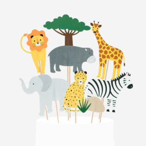 Verwandle Geburtstagskuchen in eine Safari-Welt mit dem 8-teiligen "Kuchentopper Safari Wilde Tiere" Set. Ideal für Dschungel- und Safari-Themenpartys!