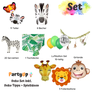 Tauche ein in eine wilde Geburtstagsfeier! Entdecke jetzt unser Safari Wilde Tiere Party Geburtstag Deko Set mit lustigen Tiergesichtern & tropischem Flair!