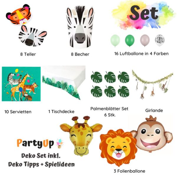 Tauche ein in eine wilde Geburtstagsfeier! Entdecke jetzt unser Safari Wilde Tiere Party Geburtstag Deko Set mit lustigen Tiergesichtern & tropischem Flair!