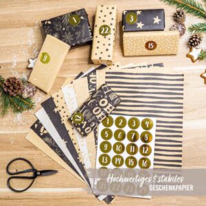 Mach deinen Adventskalender mit diesem Geschenkpapier zum echten Highlight! Stilvolles Geschenkpapier in Gold und Schwarz. Ideal für grössere Geschenke