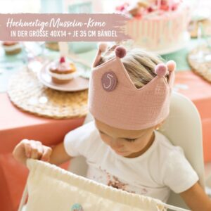Musselin Geburtstagskrone in rosa - 2-in-1 Design, anpassbar, 9 Buttons, Musselin-Stoff, nachhaltig für unvergessliche Kindergeburtstage....