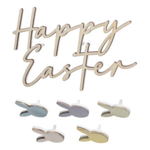 Verschönere deinen Osterkuchen mit unserem 'Happy Easter' Kuchentopper Set aus Holz – natürliche Eleganz in 8 Teilen für eine unvergessliche Feier!