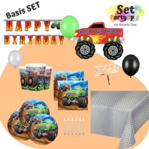 Starte die Motoren und feier mit dem PartyUp Monster Truck Party Set! Jedes Teil bringt Spannung und Spass – für einen unvergesslichen Geburtstag!