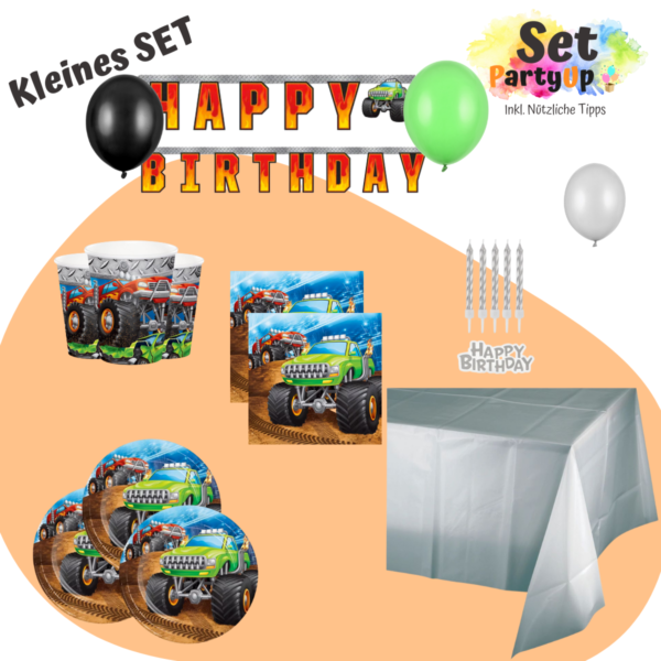 Starte die Motoren und feier mit dem PartyUp Monster Truck Party Set! Jedes Teil bringt Spannung und Spass – für einen unvergesslichen Geburtstag!
