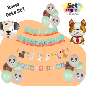 Mit dem PartyUp Hunde Party Set wird jeder Geburtstag zu einem tierischen Abenteuer! Luftbalone, Girlande und Folienballone für die perfekte Raumdeko