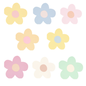 Verzaubere mit Meri Meri's Retro-Blumen-Servietten in Gänseblümchenform. Praktisch in 3-lagigem Papier und bunt für deine Party in 8 Farben.