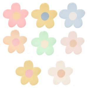 Retro und fröhliche Blumen Teller: Meri Meri Gänseblümchen-Teller für Parties, umweltfreundlich aus FSC-Papier, inspiriert vom bunten Charme der 90er.