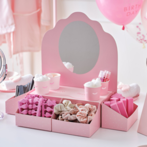 Entdecke unsere Snack-Station für Beauty Pyjama Partys mit Spiegel – perfekt organisiert und dekorativ für deine Feier! Ideal für Süssigkeiten und mehr.