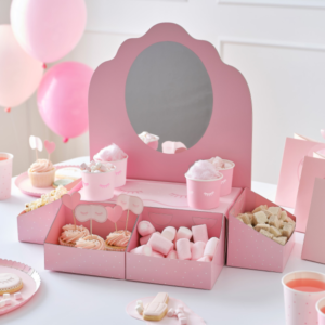 Entdecke unsere Snack-Station für Beauty Pyjama Partys mit Spiegel – perfekt organisiert und dekorativ für deine Feier! Ideal für Süssigkeiten und mehr.