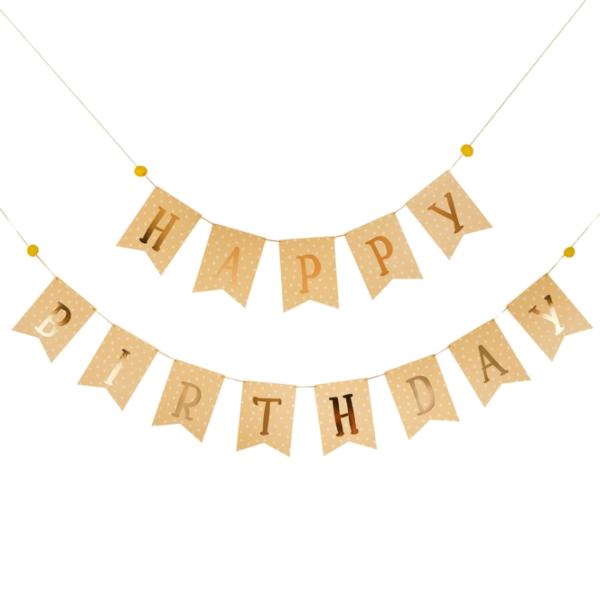 Geburtstags-Girlande "Happy Birthday" – Stilvolle Papiergirlande in Beige und Gold, perfekt für jeden Geburtstag, drinnen und draußen verwendbar.