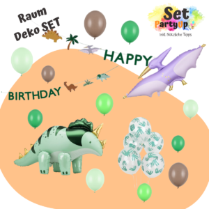 Feiere eine spannende Dinosaurierparty mit unserem PartyUp Raum Geburtstag Deko Set! Girlande, Folienballone und vieles mehr für den Dino Geburtstag