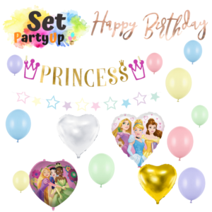 Feiere ein tolles Fest mit unserem PartyUp Disney Prinzessinnen Geburtstag Party Raum Deko Set mit Folienballone, Girlande und Luftballone